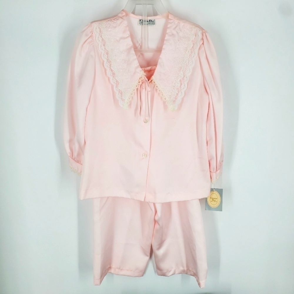 Christian Dior Vintage Pink Satin Lace Pajama Set Size 6 XS Coquette
